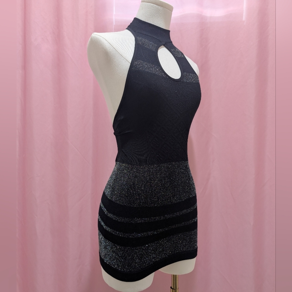 Y2K Black & Silver Halter Mini Dress with Keyhole Cutout (One Size)